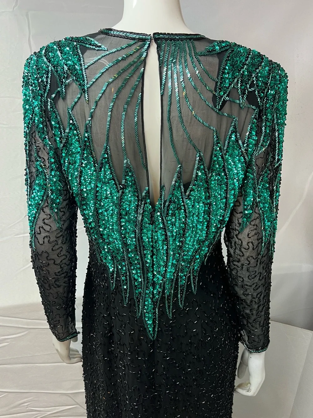 Alyce Designs Women’s 12 Black Silk Beaded Sequin Teal Green Gown Vintage Dress